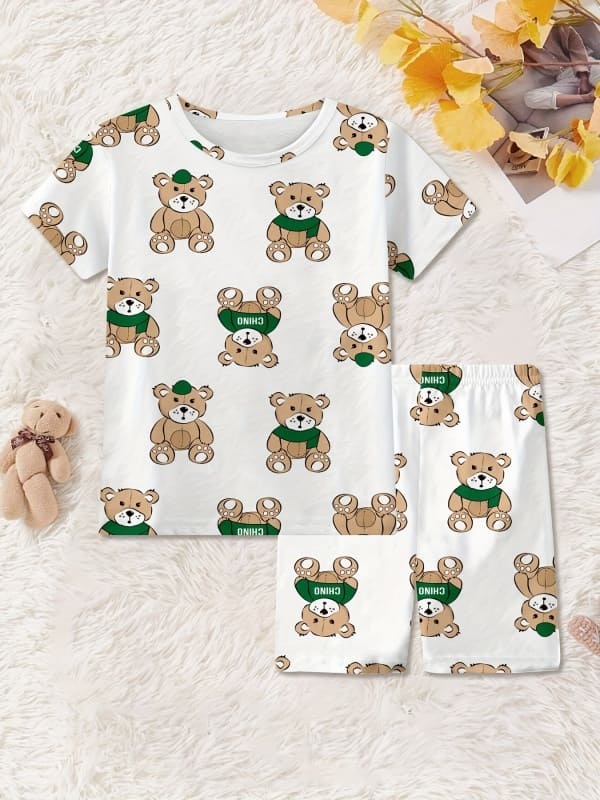 Toddler & Kids Bear Print Cotton Short Sleeve Pajamas Set