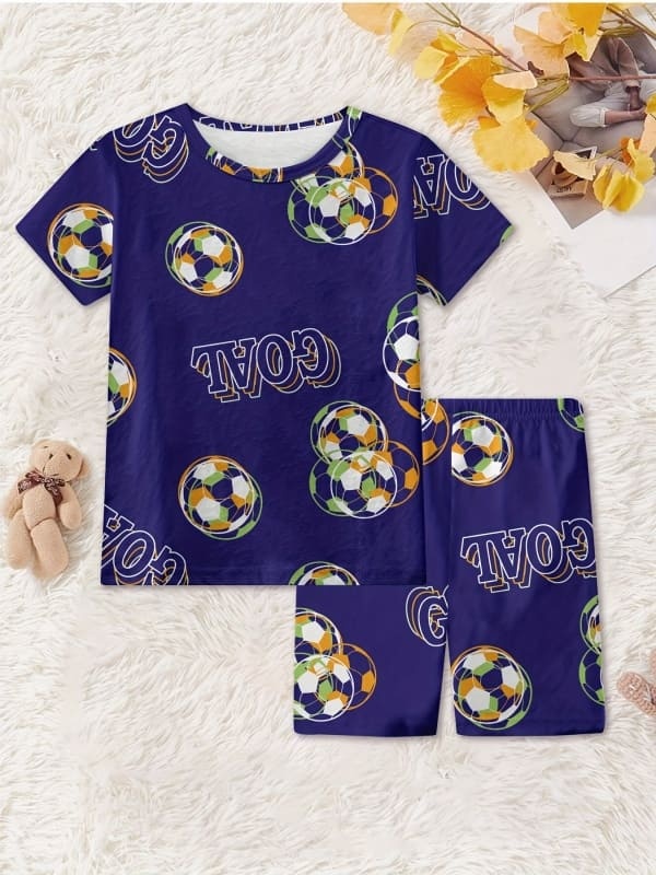 Toddler & Kids Football Lettering Print Cotton Short Sleeve Pajama Set