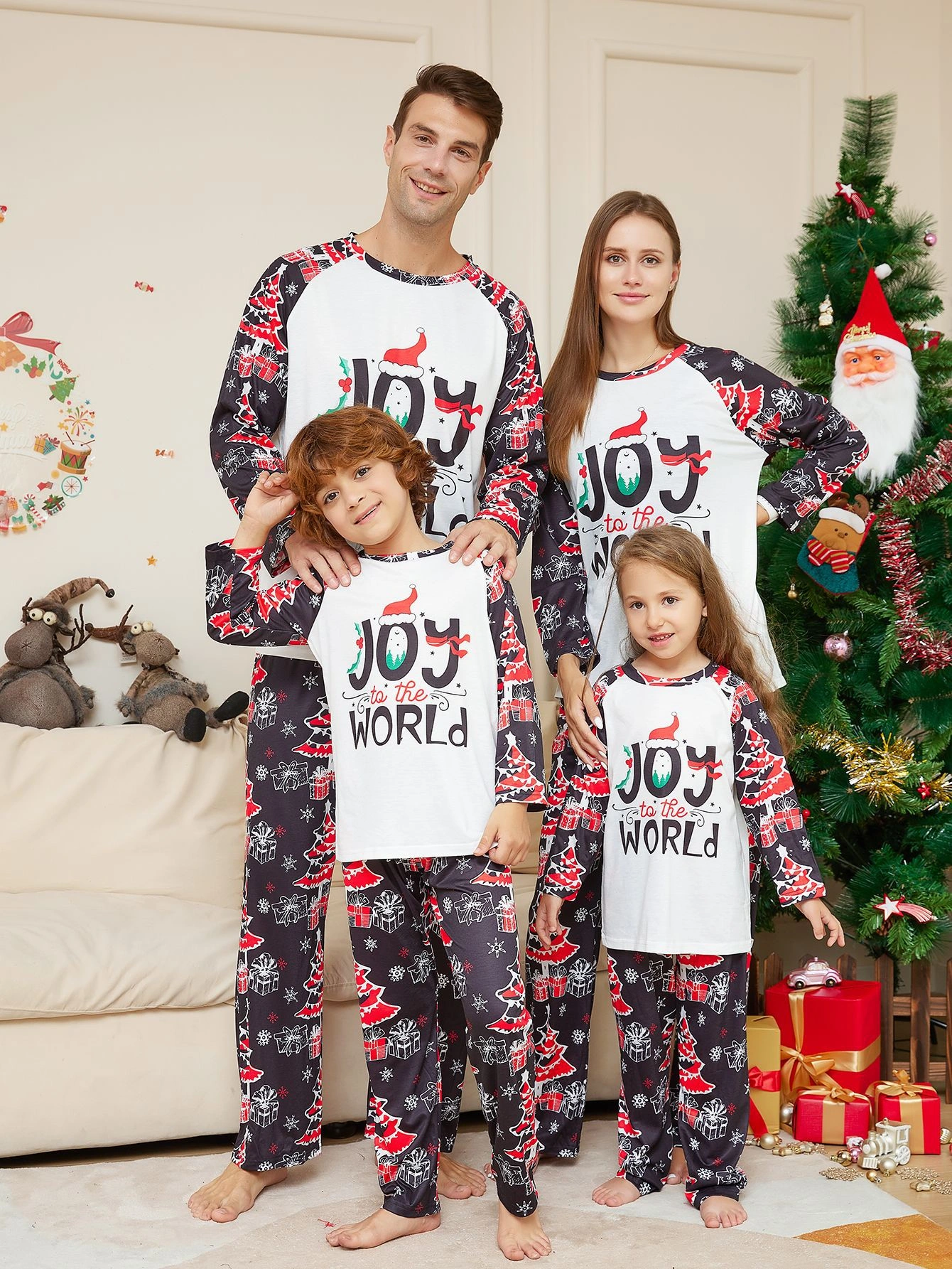 Christmas Family Pajamas Cartoon Letters Christmas Tree Print Pajamas