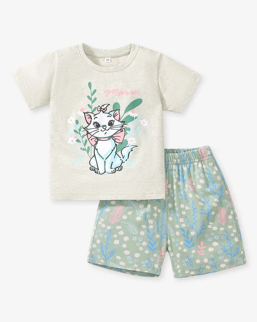 Little Maven Girls 2pcs Cartoon Cat Print Short Sleeve Tee and Floral Shorts set