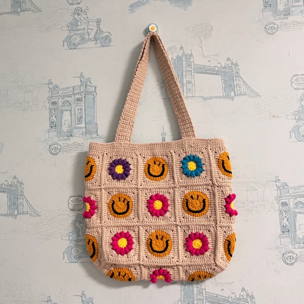 Tote Square Bag Crochet Handle Bag Crochet Bag Boho Bag Shoulder Bag Granny Square Beige Bag Valentine Gift Bag Valentines Gift Her