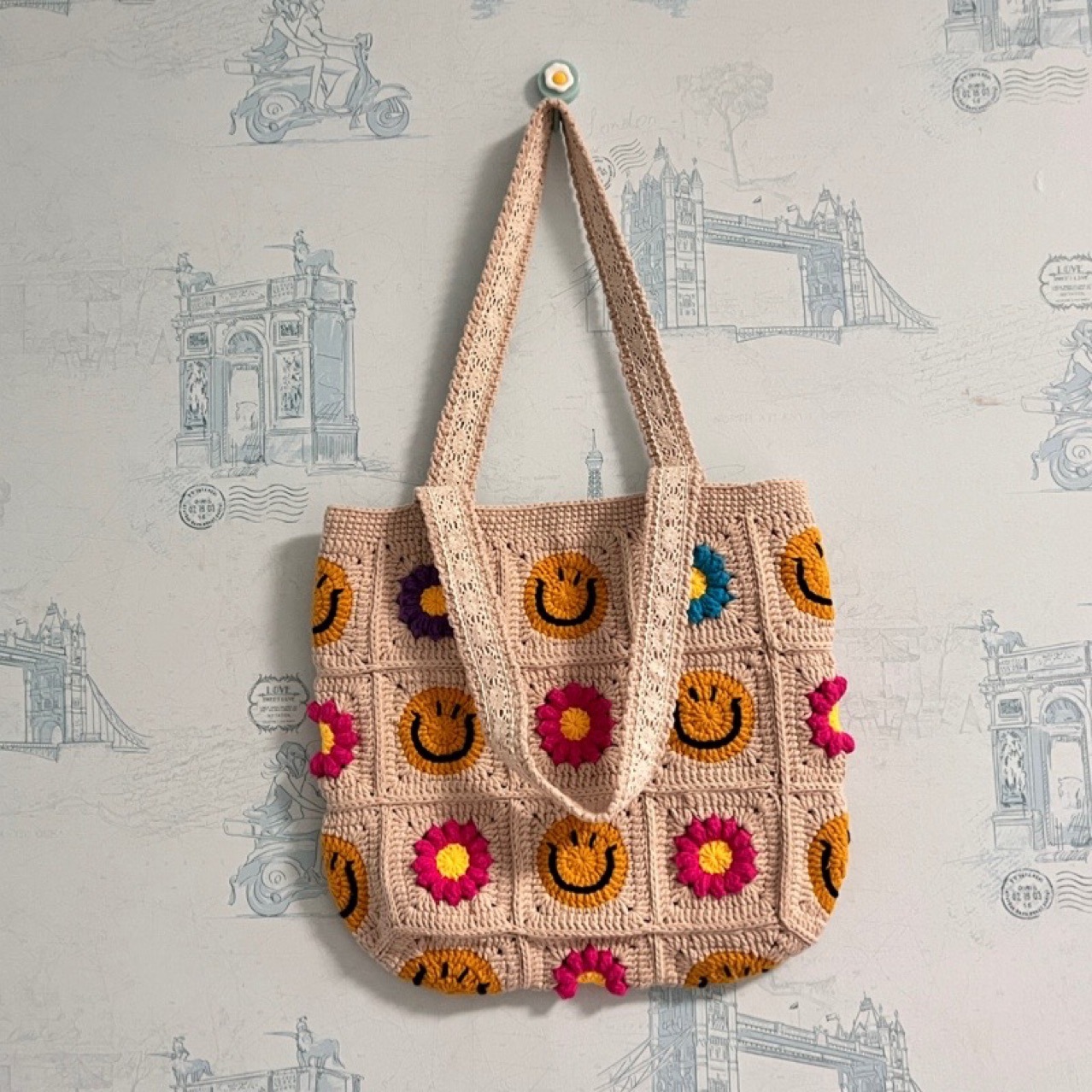 Tote Square Bag Crochet Handle Bag Crochet Bag Boho Bag Shoulder Bag Granny Square Beige Bag Valentine Gift Bag Valentines Gift Her