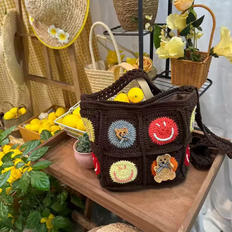  Tote Square Bag Crochet Handle Bag Crochet Bag Boho Bag Shoulder Bag Granny Square Beige Bag Valentine Gift Bag Valentines Gift Her