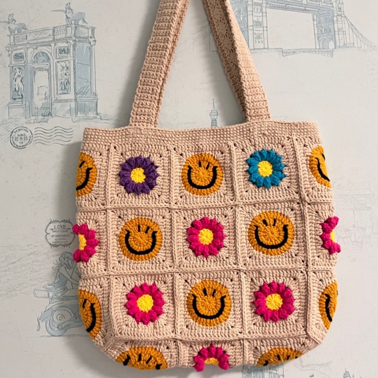 Tote Square Bag Crochet Handle Bag Crochet Bag Boho Bag Shoulder Bag Granny Square Beige Bag Valentine Gift Bag Valentines Gift Her