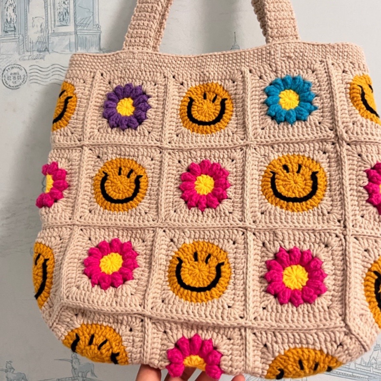 Tote Square Bag Crochet Handle Bag Crochet Bag Boho Bag Shoulder Bag Granny Square Beige Bag Valentine Gift Bag Valentines Gift Her