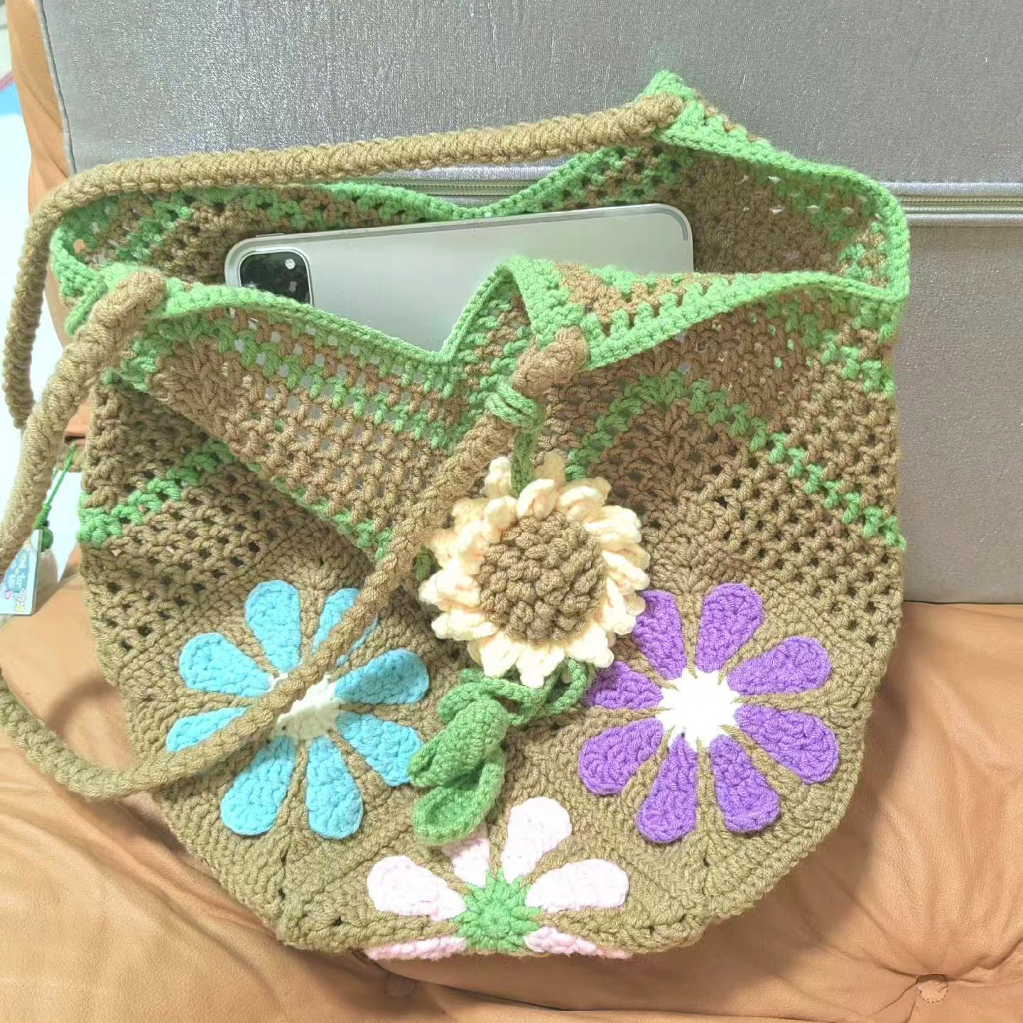 Tote Square Bag Crochet Handle Bag Crochet Bag Boho Bag Shoulder Bag Granny Square Beige Bag Valentine Gift Bag Valentines Gift Her