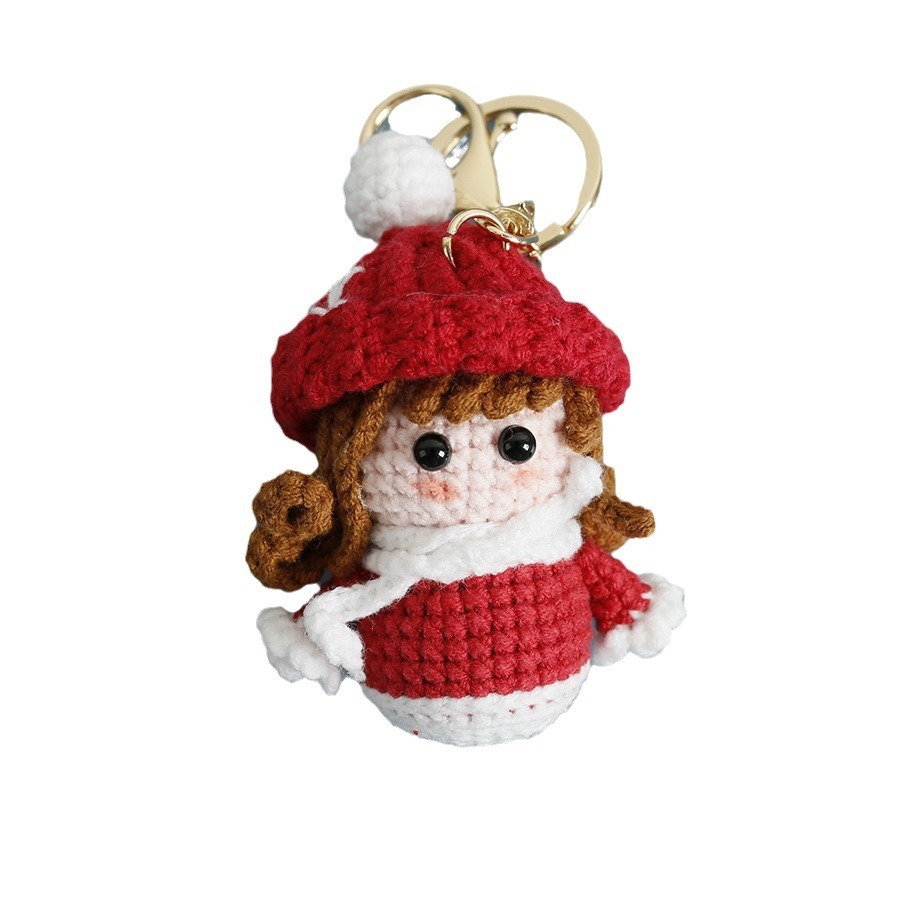 New hand-woven Christmas girl keychain, exquisite woolen crochet cartoon pendant, hand-made bag pendant