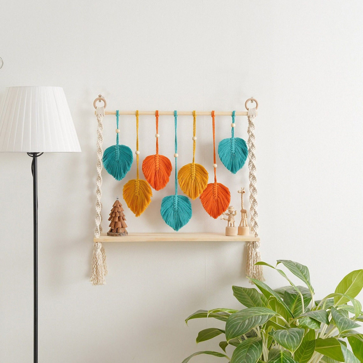 Macrame Wood Shelf Macrame Shelf, Floating Plant Shelf Hanging Wall Shelf