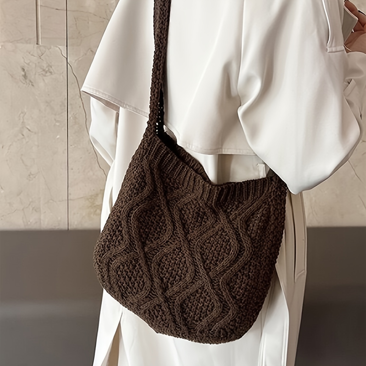 Literary Crochet Shoulder Bag, Women's Simple Woven Handbag, Large Capacity Shopping Bag