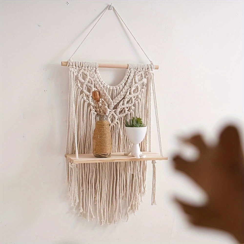 Bohemian Handwoven Cotton Rope Floating Shelf Single Tier Macrame Wall Hanging Storage Rack