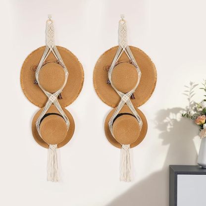 Cowboy Hat Hangers Macrame Hat Racks for Wall 2 Pcs One Hole Hand Weaving Boho Hat Organizer Hanging Display Western Decor