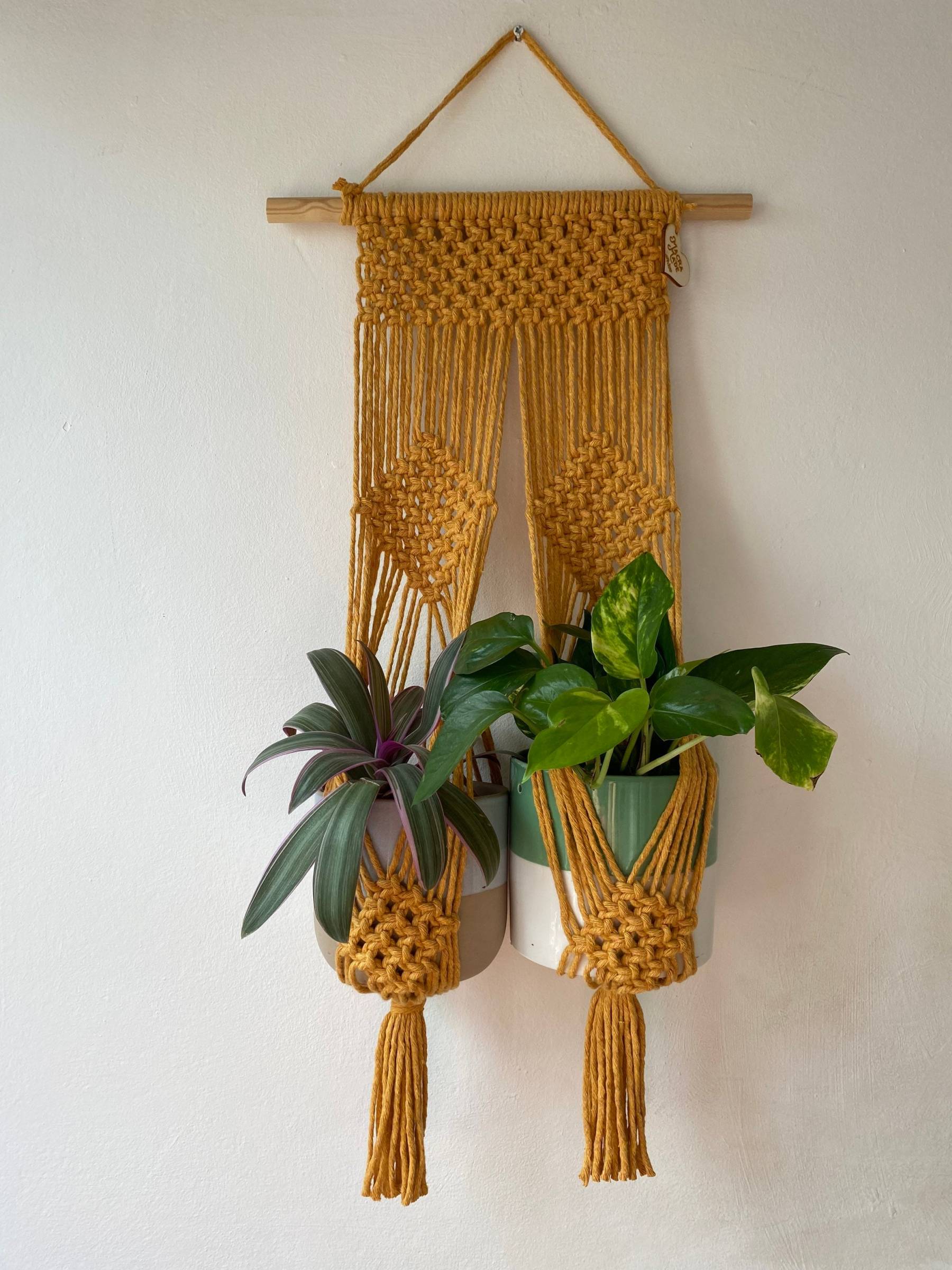 Mustard double wall plant holder, multiple plant hanger, macrame plant