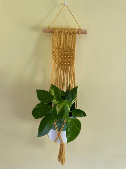 Mustard heart macrame houseplant holder,gift for plant lover,indoor wall hanging plant pot hanger,boho home decor, houseplant accessories