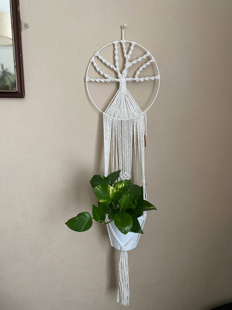 Natural macrame tree of life plant pot holder, quirky wall art, boho d