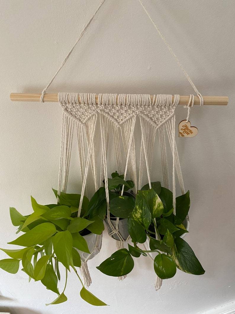 Natural triple macrame plant holder, multiple plant hanger, wall plant