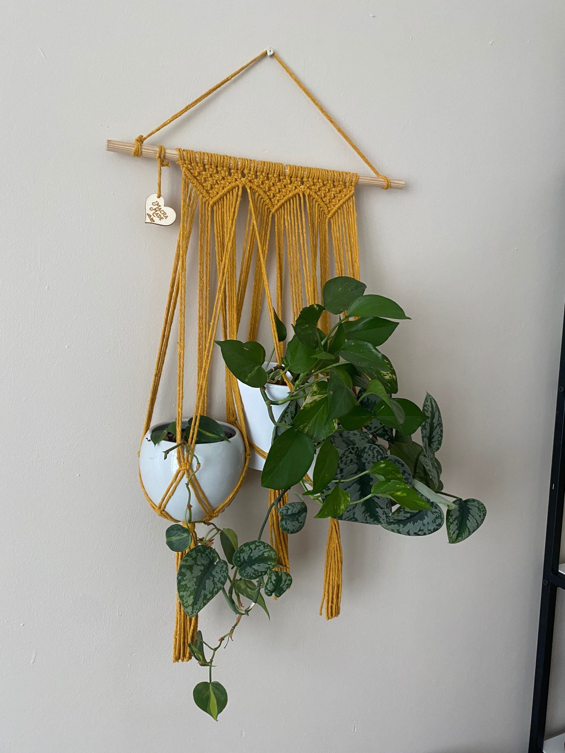 Mustard triple macrame plant holder, multiple plant hanger, wall plant hanger, plant wall decor hanger, indoor wall planter,houseplant decor
