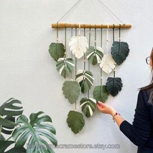 Green Leaves Handmade Macrame Wall Decor, Jungle Leaf Wall Decor Nursery, Macrame Feathers, Boho Headboard Decor, House warming Gift