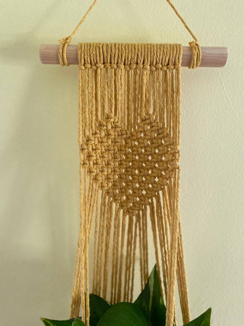 Mustard heart macrame houseplant holder,gift for plant lover,indoor wall hanging plant pot hanger,boho home decor, houseplant accessories