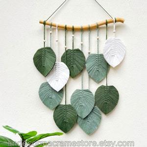 Green Leaves Handmade Macrame Wall Decor, Jungle Leaf Wall Decor Nursery, Macrame Feathers, Boho Headboard Decor, House warming Gift