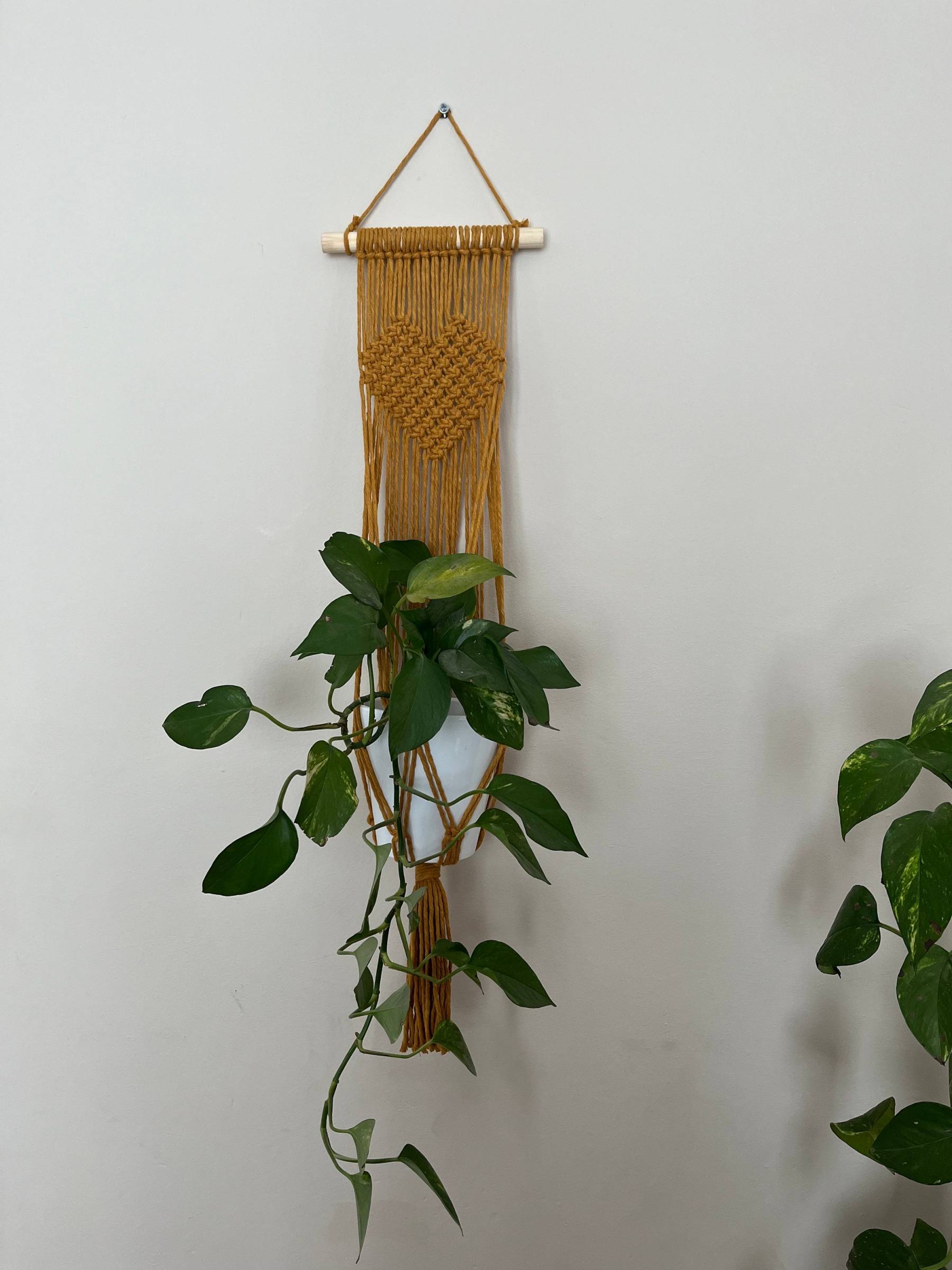 Mustard heart macrame houseplant holder,gift for plant lover,indoor wall hanging plant pot hanger,boho home decor, houseplant accessories