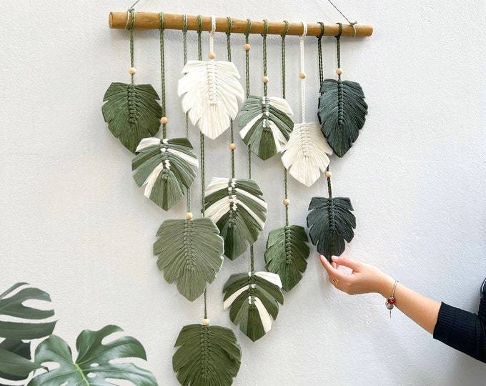 Green Leaves Handmade Macrame Wall Decor, Jungle Leaf Wall Decor Nursery, Macrame Feathers, Boho Headboard Decor, House warming Gift