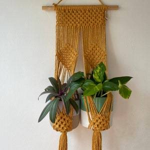Mustard double wall plant holder, multiple plant hanger, macrame plant hanger, plant wall decor hanger, indoor wall planter, indoor plants