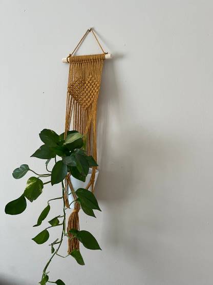 Mustard heart macrame houseplant holder,gift for plant lover,indoor wall hanging plant pot hanger,boho home decor, houseplant accessories