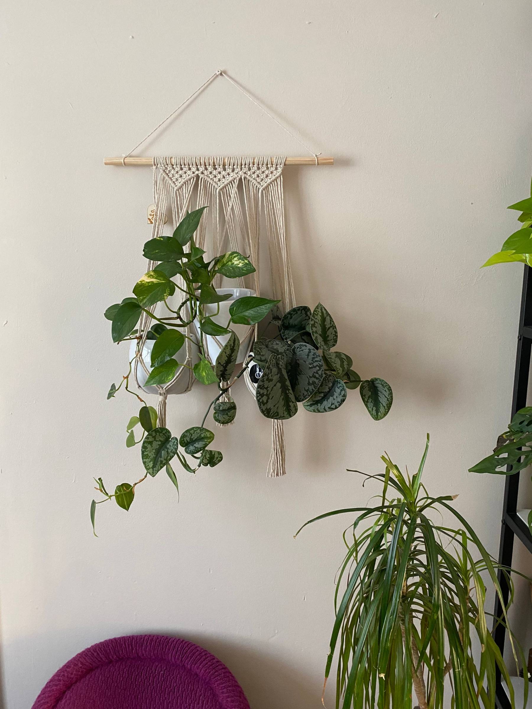 Natural triple macrame plant holder, multiple plant hanger, wall plant hanger, plant wall decor hanger, indoor wall planter,houseplant decor