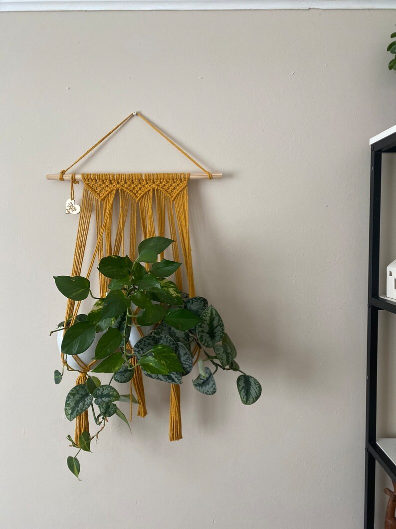 Mustard triple macrame plant holder, multiple plant hanger, wall plant hanger, plant wall decor hanger, indoor wall planter,houseplant decor