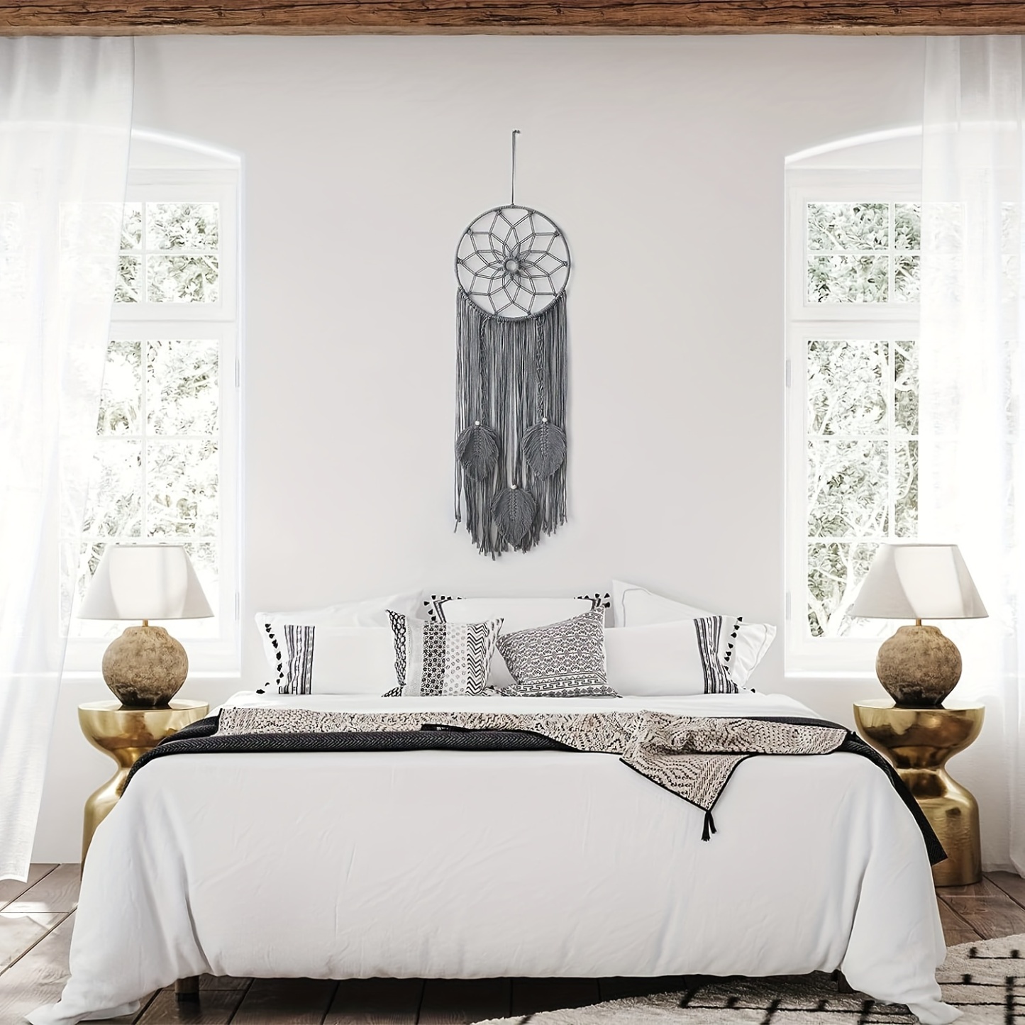 Boho Dream Catcher with Leaves Shaped Tassels - Handcrafted Home Decoration for Good Vibes and Positive Energy