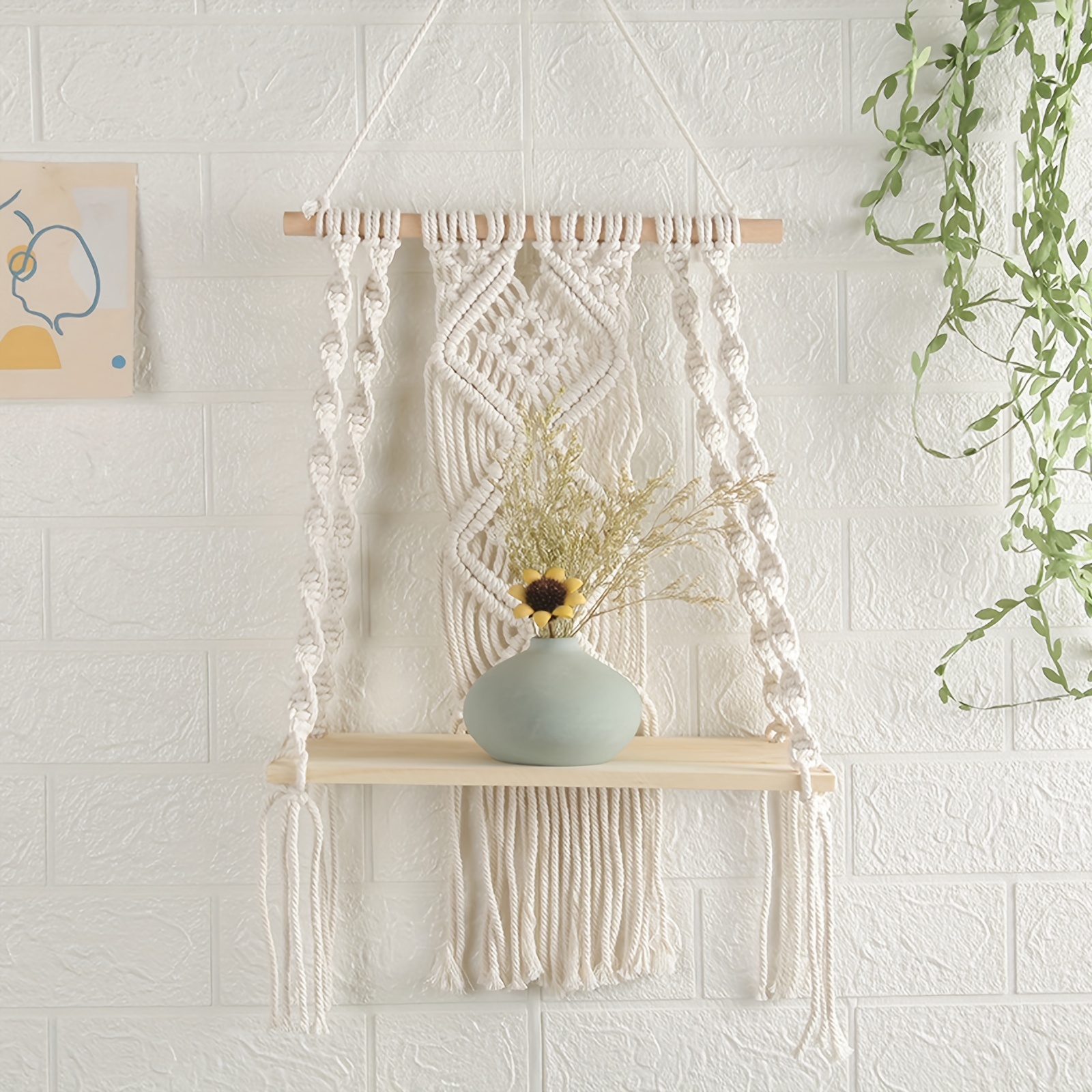Boho Macrame Wall Shelf, Wall Hanging Storage Shelf, Tassel Woven Macrame Wall Shelf