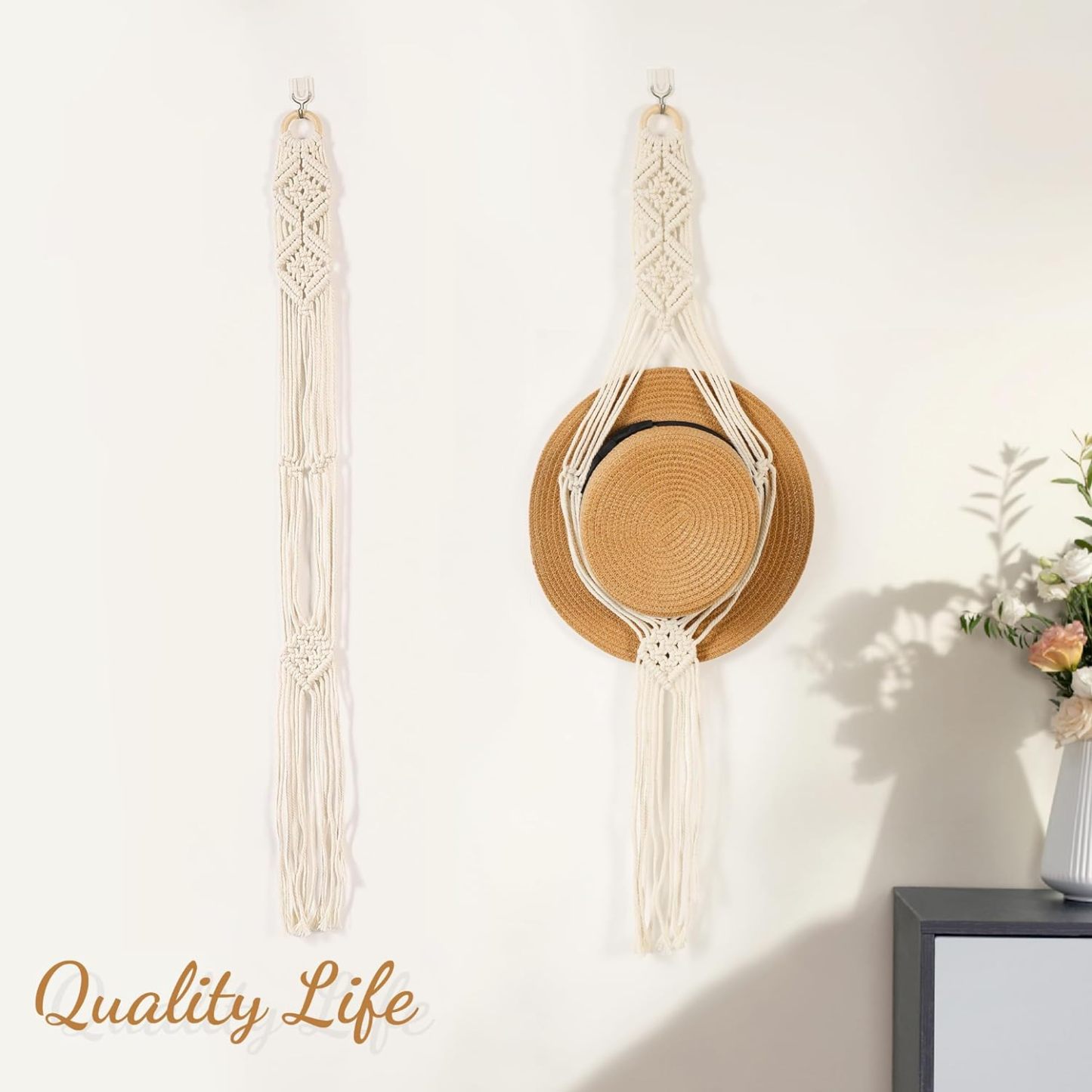 Cowboy Hat Hangers Macrame Hat Racks for Wall 2 Pcs One Hole Hand Weaving Boho Hat Organizer Hanging Display Western Decor