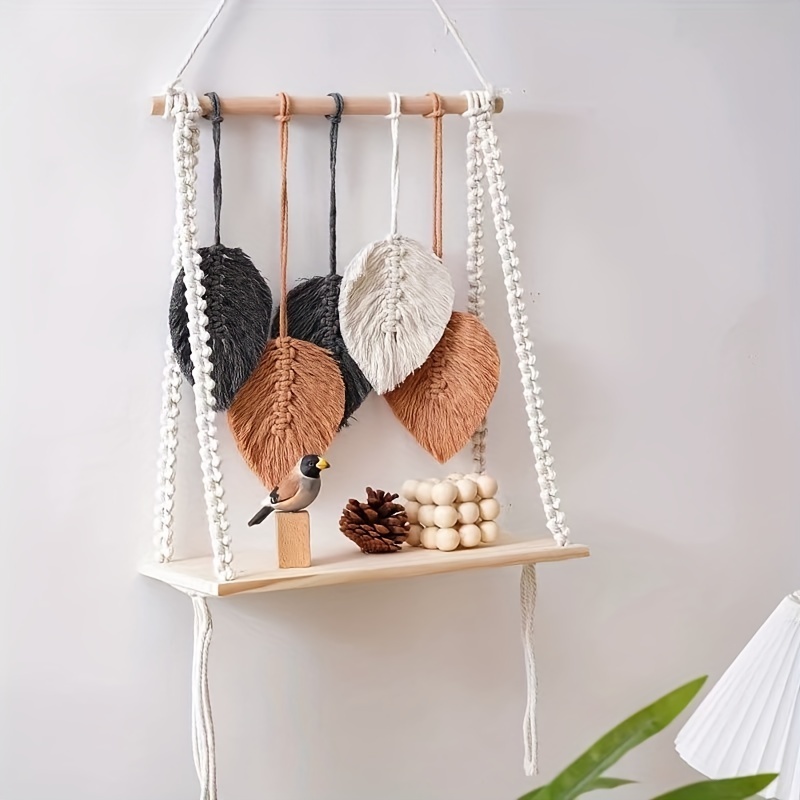 Boho Chic Leaf-Inspired Floating Shelf Handwoven Tapestry Wall Hanging Storage Rack, White Fabric