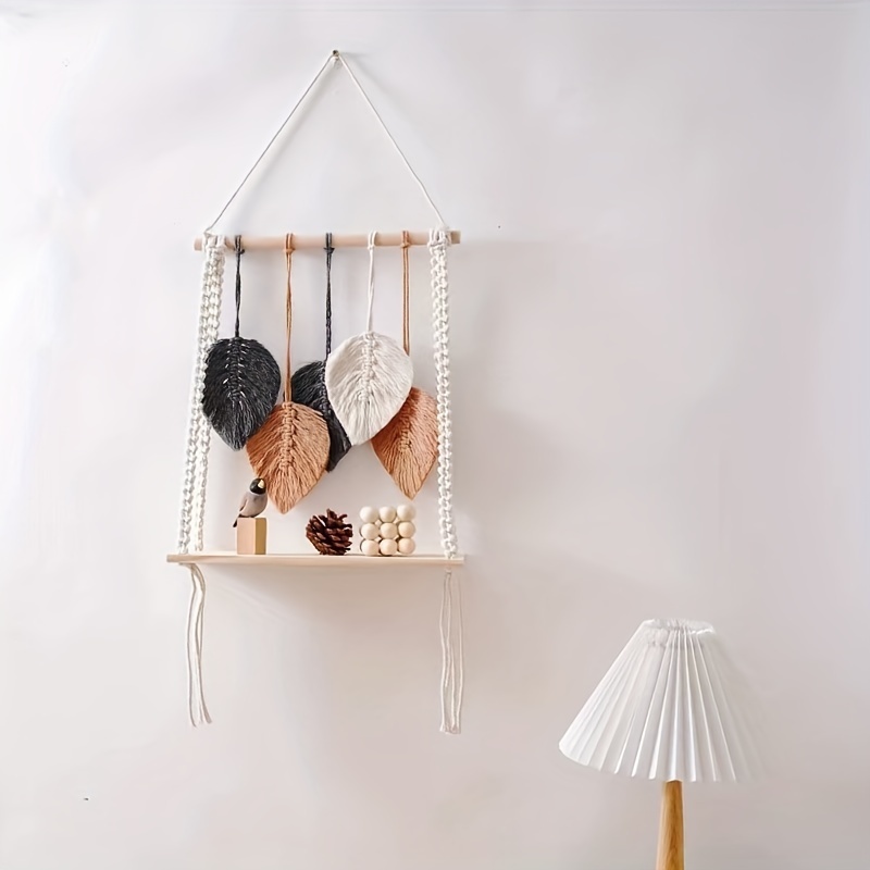 Boho Chic Leaf-Inspired Floating Shelf Handwoven Tapestry Wall Hanging Storage Rack, White Fabric
