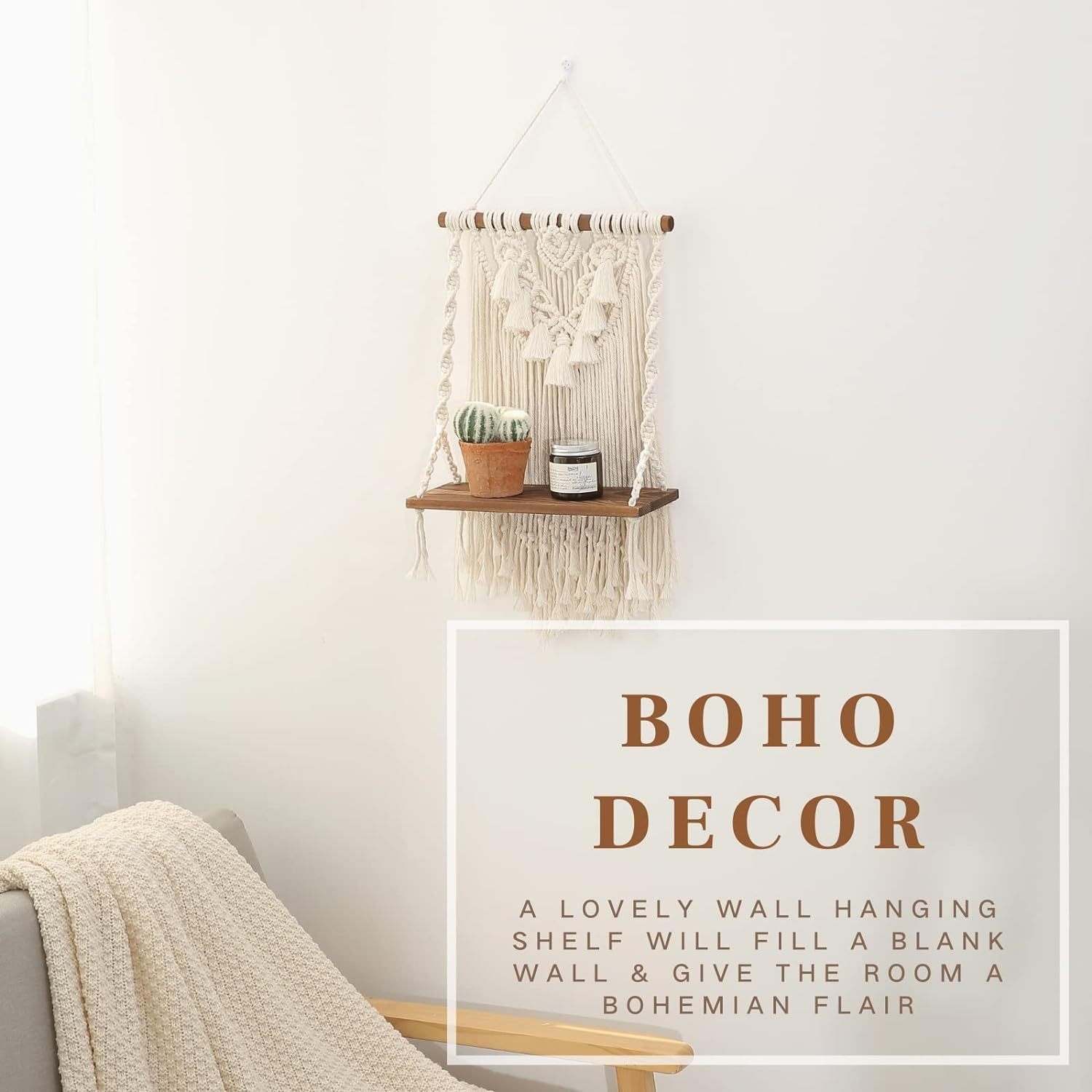 Single Tier Macrame Boho Wall Hanging Shelf, Handmade Bohemian Wooden Woven Plants Floating Shelves Decor