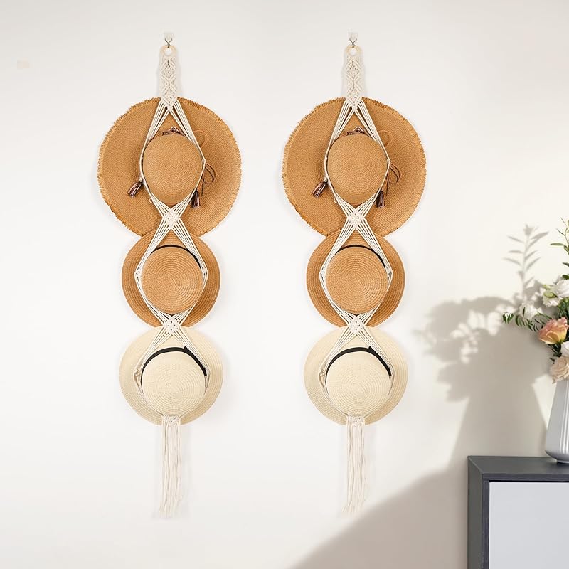 Cowboy Hat Hangers Macrame Hat Racks for Wall 2 Pcs One Hole Hand Weaving Boho Hat Organizer Hanging Display Western Decor