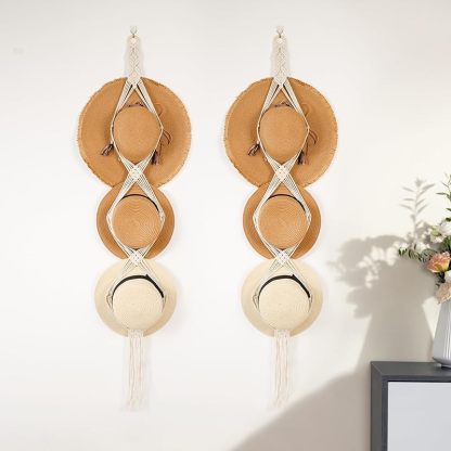 Cowboy Hat Hangers Macrame Hat Racks for Wall 2 Pcs One Hole Hand Weaving Boho Hat Organizer Hanging Display Western Decor
