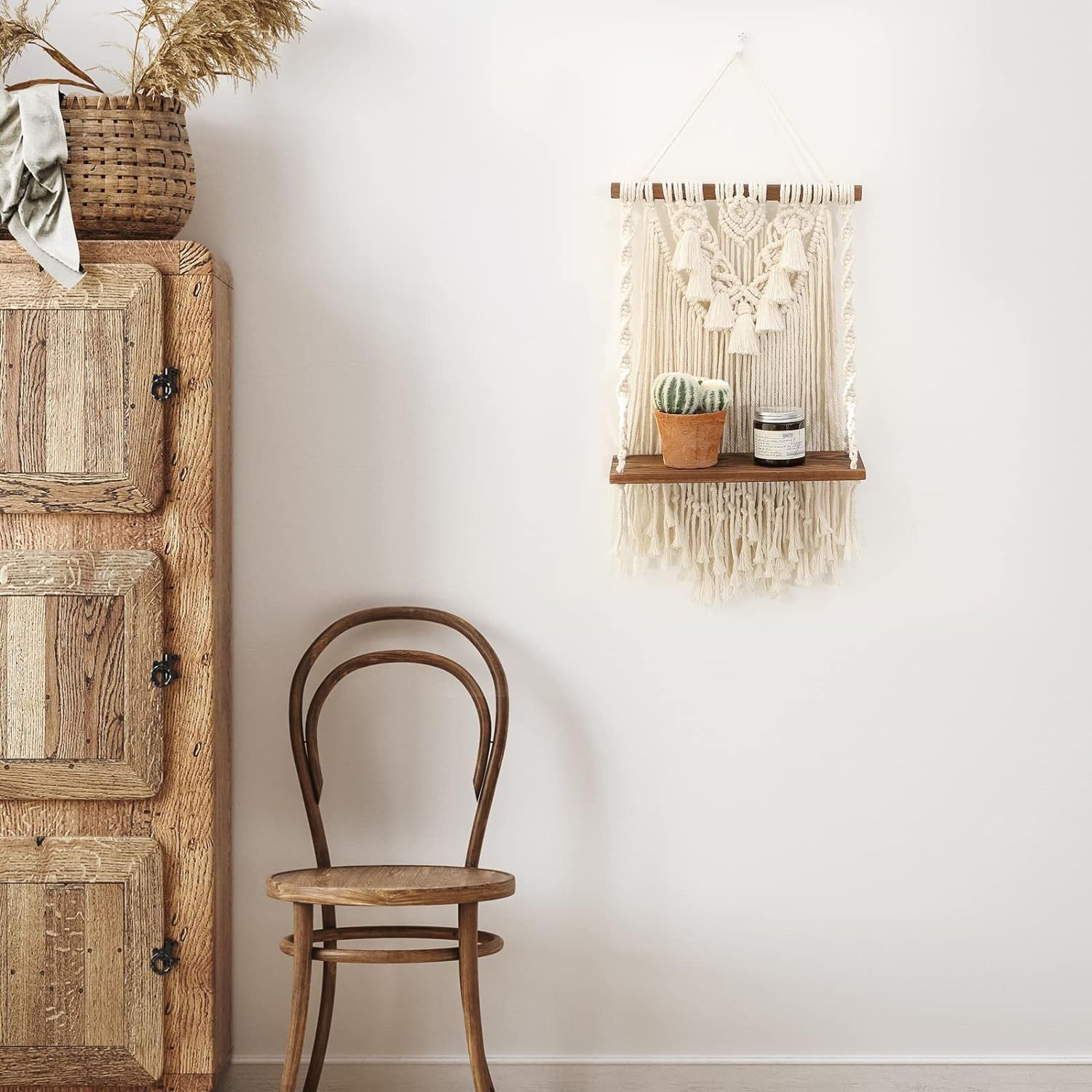 Single Tier Macrame Boho Wall Hanging Shelf, Handmade Bohemian Wooden Woven Plants Floating Shelves Decor