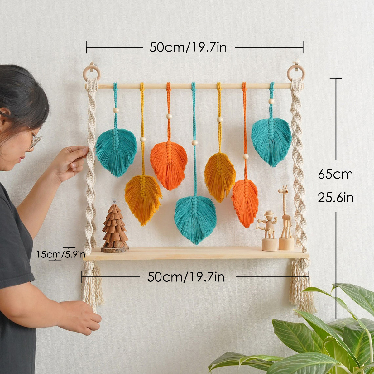 Macrame Wood Shelf Macrame Shelf, Floating Plant Shelf Hanging Wall Shelf