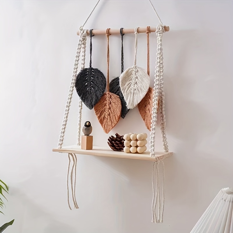 Boho Chic Leaf-Inspired Floating Shelf Handwoven Tapestry Wall Hanging Storage Rack, White Fabric