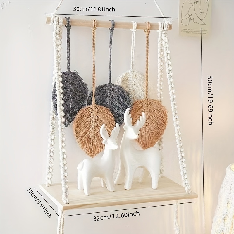 Boho Chic Leaf-Inspired Floating Shelf Handwoven Tapestry Wall Hanging Storage Rack, White Fabric