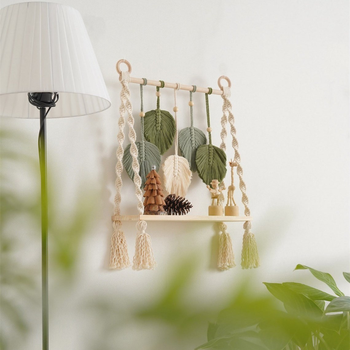 Macrame Wood Shelf Macrame Shelf, Floating Plant Shelf Hanging Wall Shelf