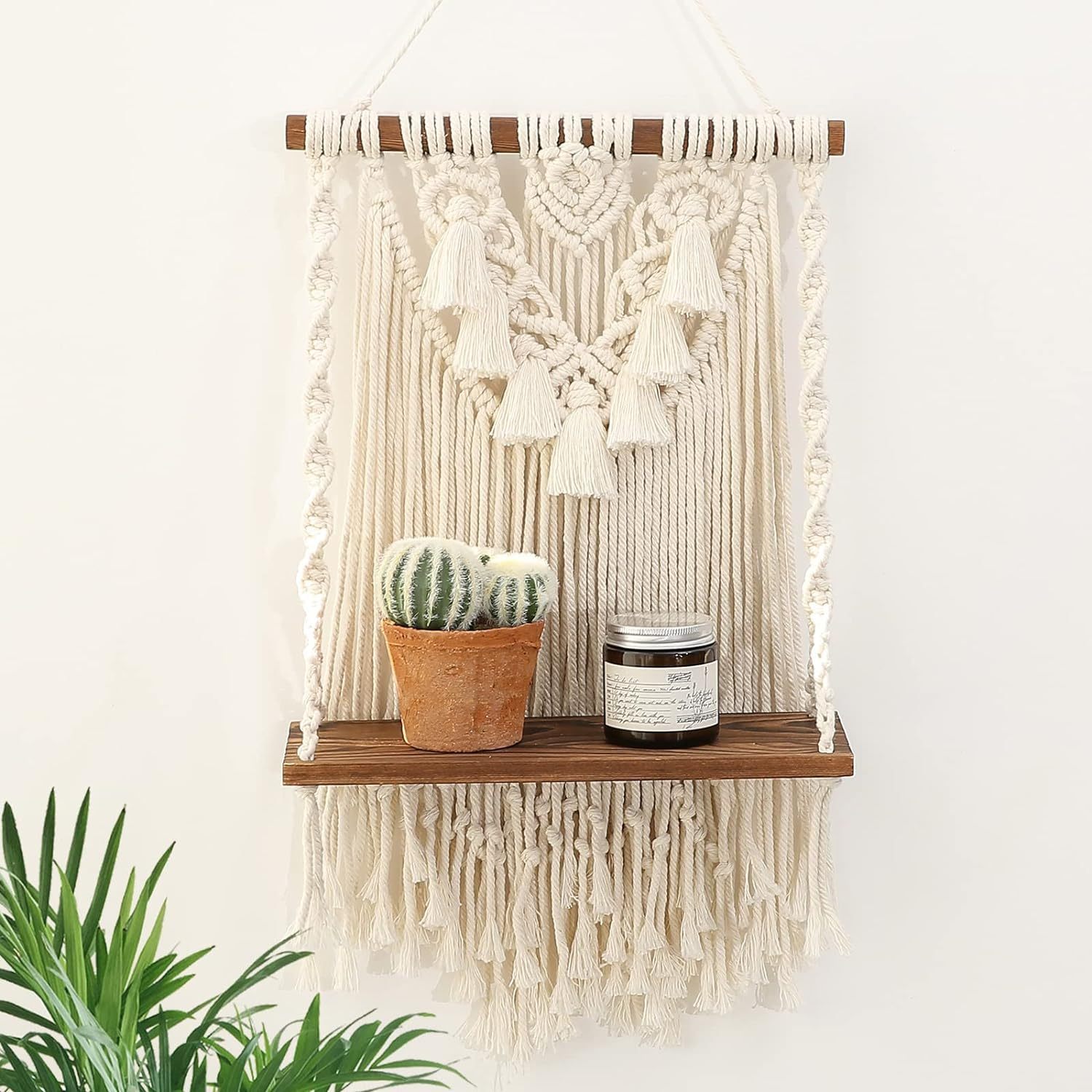 Single Tier Macrame Boho Wall Hanging Shelf, Handmade Bohemian Wooden Woven Plants Floating Shelves Decor
