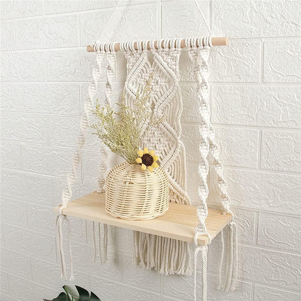 Macrame Wall Hanging Plant Decor Shelf Floating Wood shelve Decorative Hand Made Rope Boho Shelving for Plants