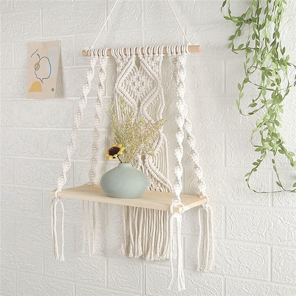 Macrame Wall Hanging Plant Decor Shelf Floating Wood shelve Decorative Hand Made Rope Boho Shelving for Plants