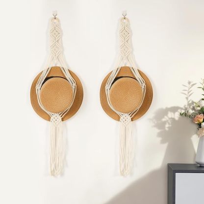Cowboy Hat Hangers Macrame Hat Racks for Wall 2 Pcs One Hole Hand Weaving Boho Hat Organizer Hanging Display Western Decor