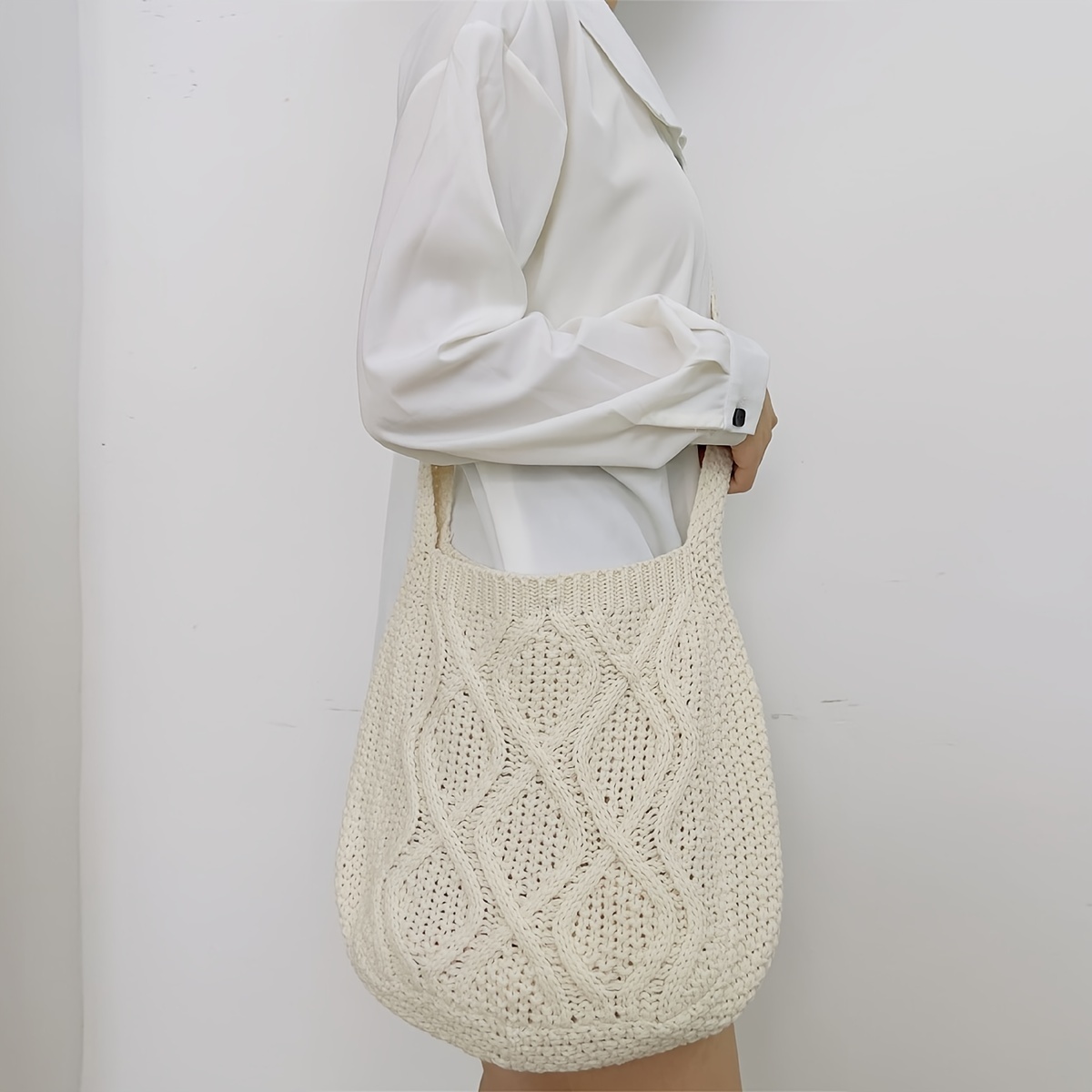 Literary Crochet Shoulder Bag, Women's Simple Woven Handbag, Large Capacity Shopping Bag