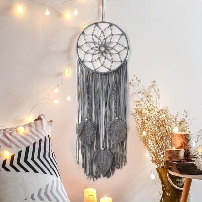 Boho Dream Catcher with Leaves Shaped Tassels - Handcrafted Home Decoration for Good Vibes and Positive Energy