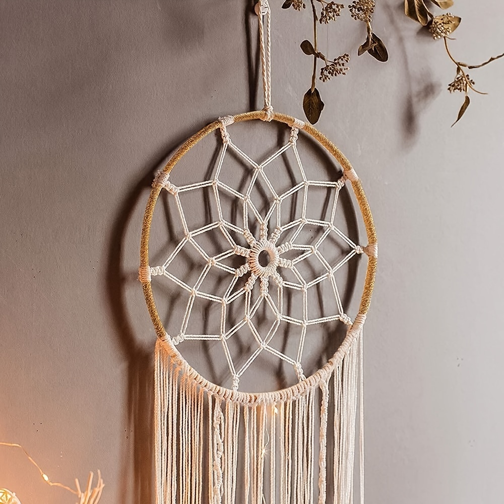 Boho Dream Catcher with Leaves Shaped Tassels - Handcrafted Home Decoration for Good Vibes and Positive Energy