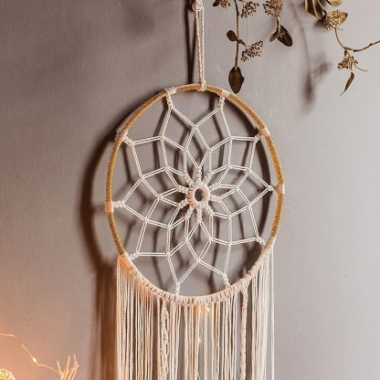 Boho Dream Catcher with Leaves Shaped Tassels - Handcrafted Home Decoration for Good Vibes and Positive Energy